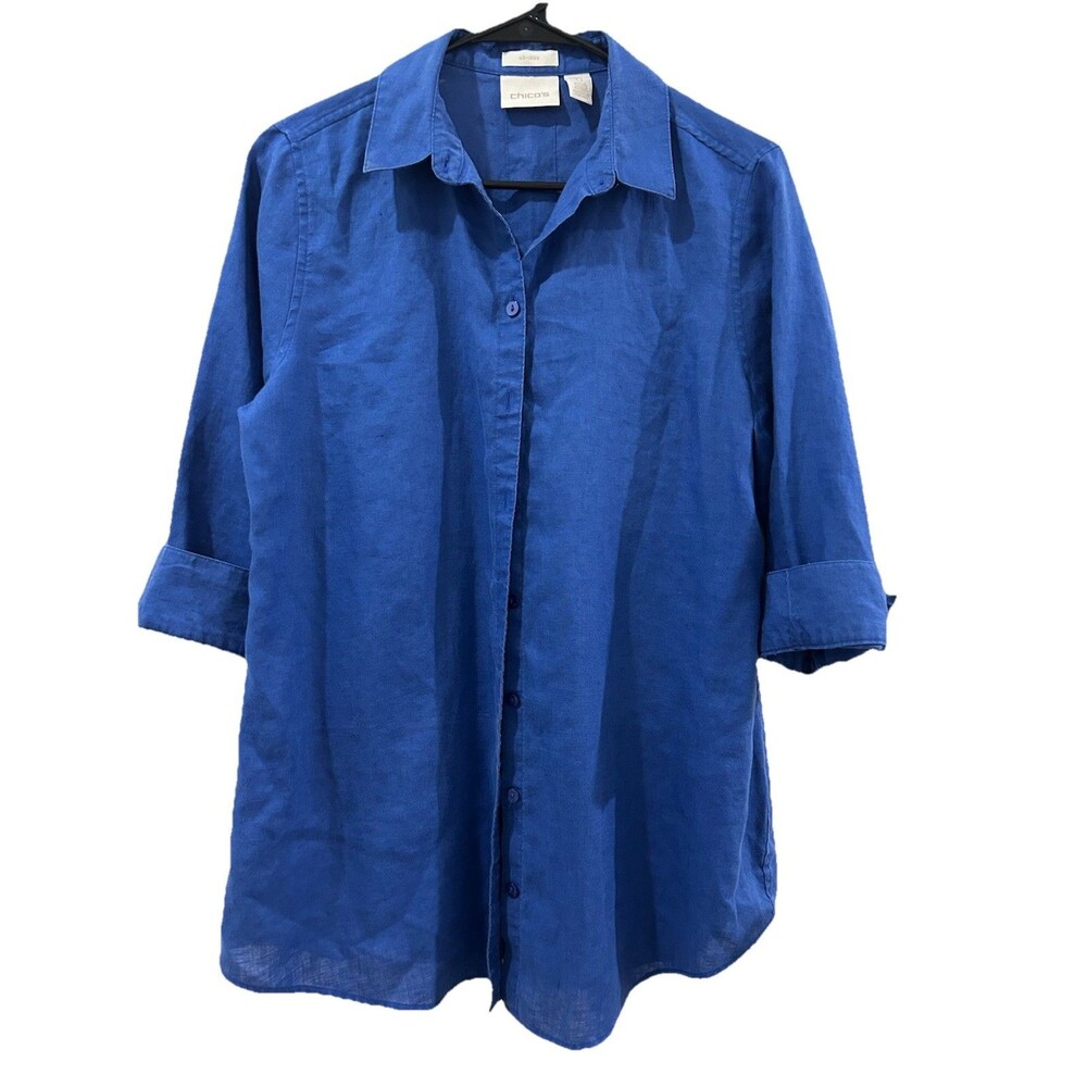 Chicos Sz 2 Womens L Top No Iron Blue Button Up Front 3/4 Sleeves